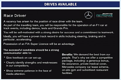 Formel-1-Fahrer gesucht! Mercedes schaltet Stellenanzeige