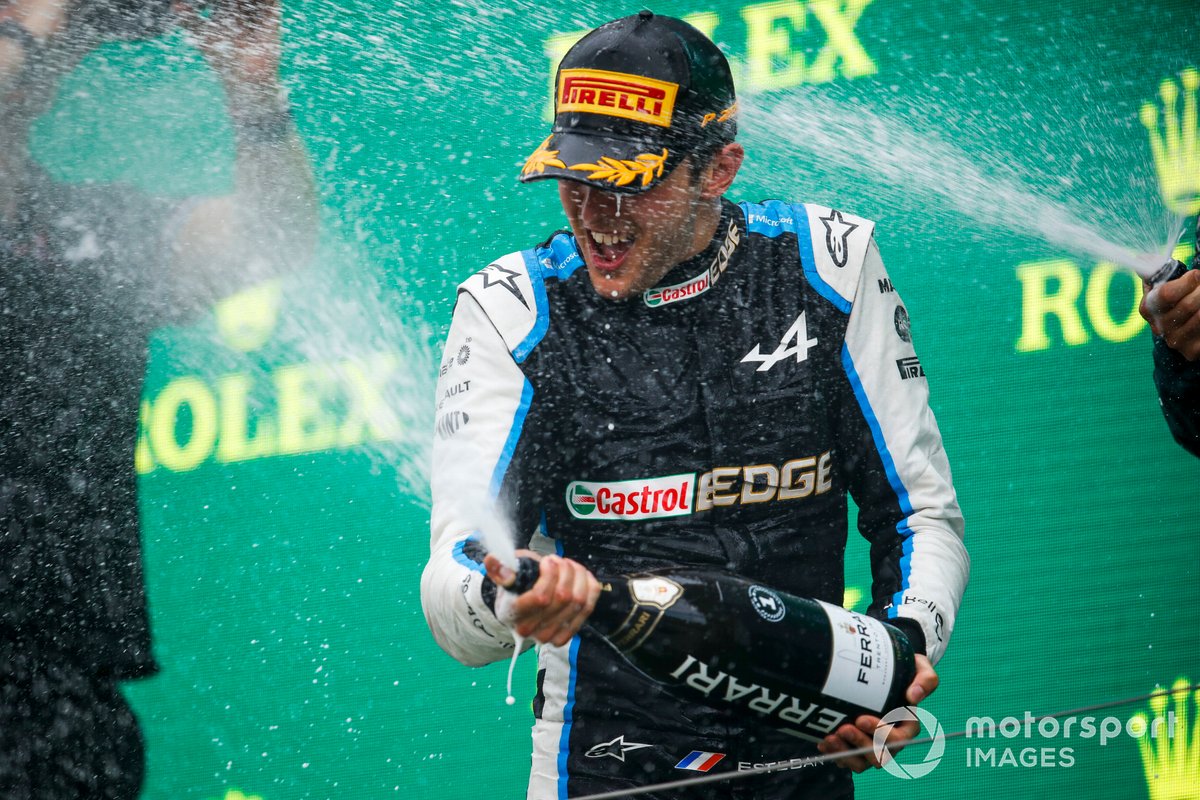 Esteban Ocon, Alpine F1, 1st position, sprays the victory Champagne