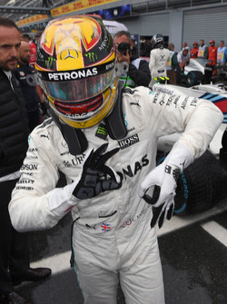 Pole sitter Lewis Hamilton, Mercedes AMG F1 celebrates in parc ferme