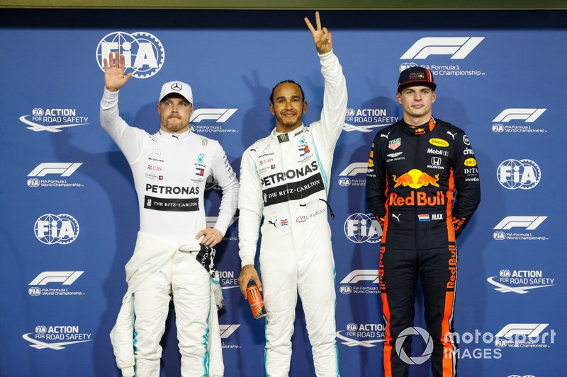 Top 3 after Qualifying, Lewis Hamilton, Mercedes AMG F1, Valtteri Bottas, Mercedes AMG F1 and Max Verstappen, Red Bull Racing