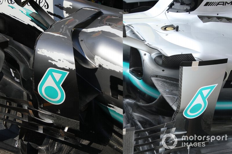 Confronto tecnico della Mercedes F1 AMG W10 fra i deviatori vecchi e nuovi