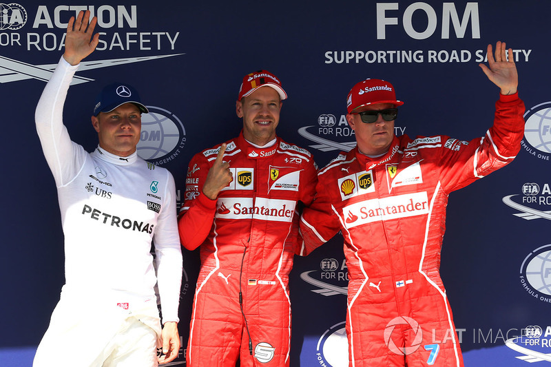 Conferenza stampa: il poleman Sebastian Vettel, Ferrari, il secondo qualificato Kimi Raikkonen, Ferrari, il terzo qualificato Valtteri Bottas, Mercedes-Benz F1