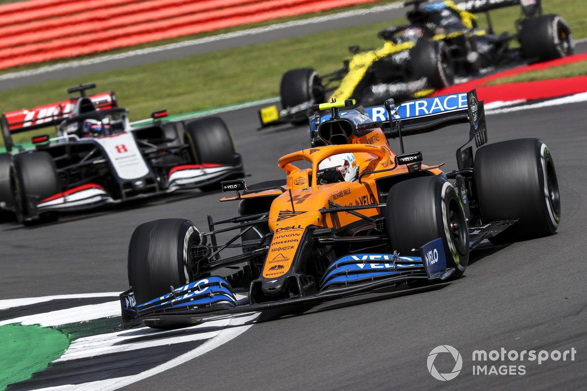 Lando Norris, McLaren MCL35, Romain Grosjean, Haas VF-20, and Daniel Ricciardo, Renault F1 Team R.S.20