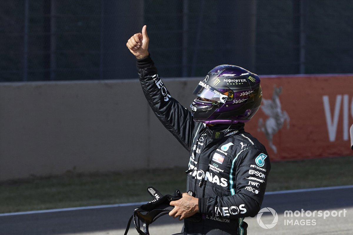 Lewis Hamilton, Mercedes-AMG F1, celebrates on the grid after securing pole