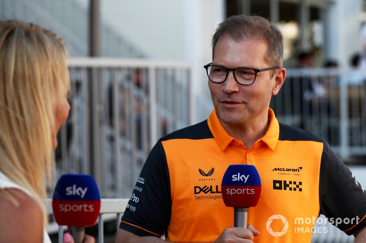 Andreas Seidl, Team Principal, McLaren, is interviewed by Rachel Brookes, Sky Sports F1