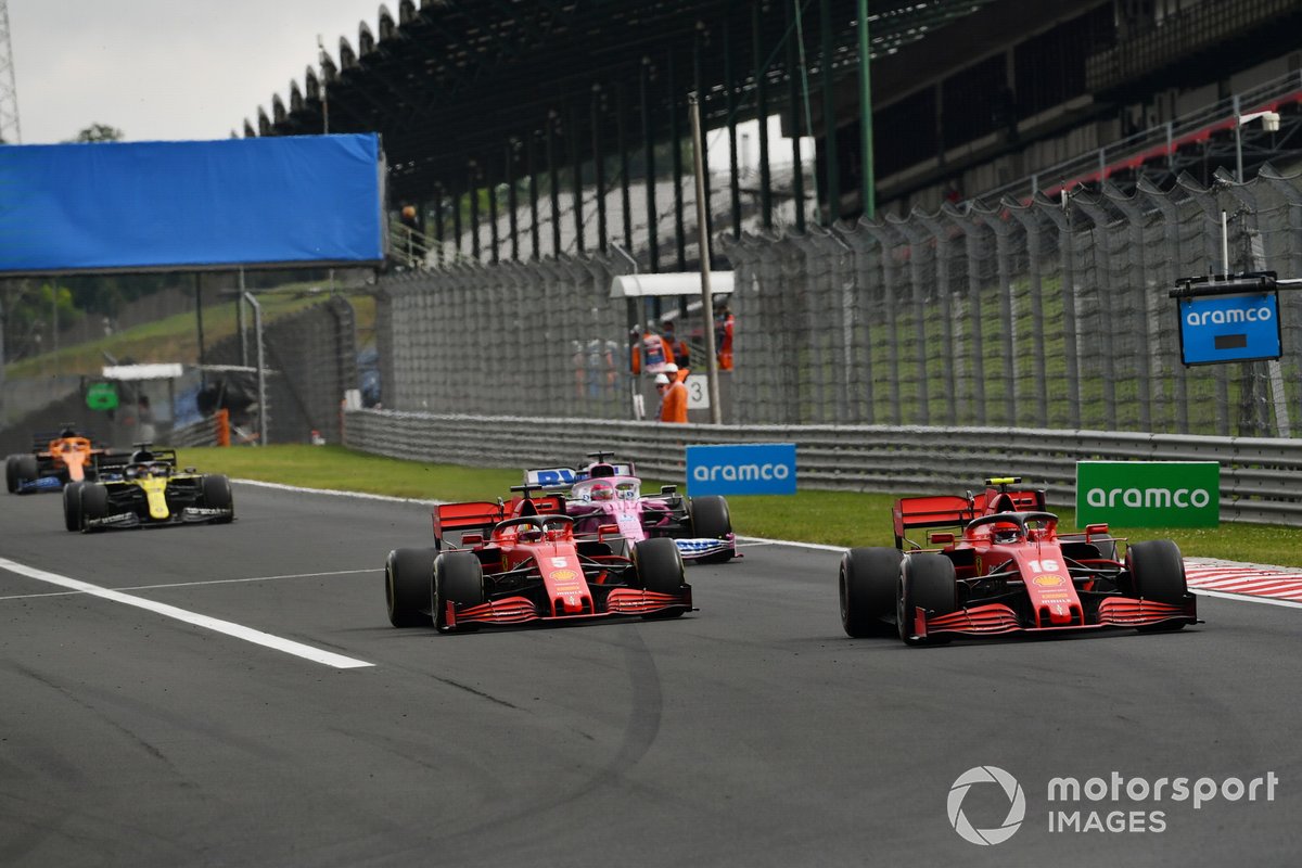 Charles Leclerc, Ferrari SF1000, leads Sebastian Vettel, Ferrari SF1000, and Sergio Perez, Racing Point RP20