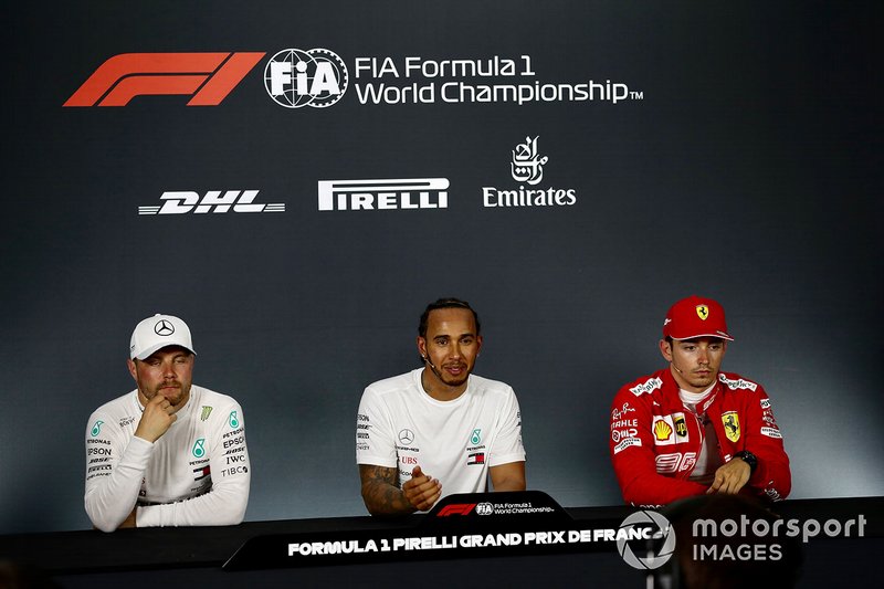 Valtteri Bottas, Mercedes AMG F1, Lewis Hamilton, Mercedes AMG F1, and Charles Leclerc, Ferrari, in the post Qualifying Press Conference