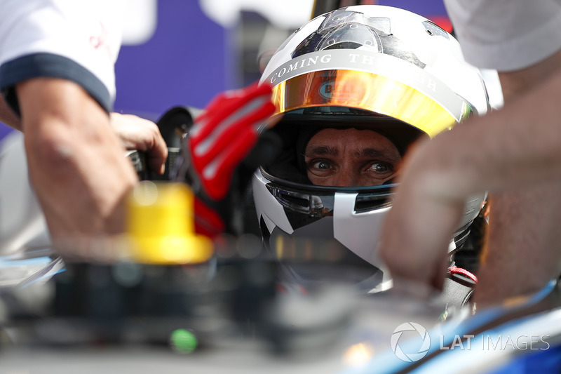 Jon Olsson, Alpine ski racer, prepares to go on track with the Formula E track car