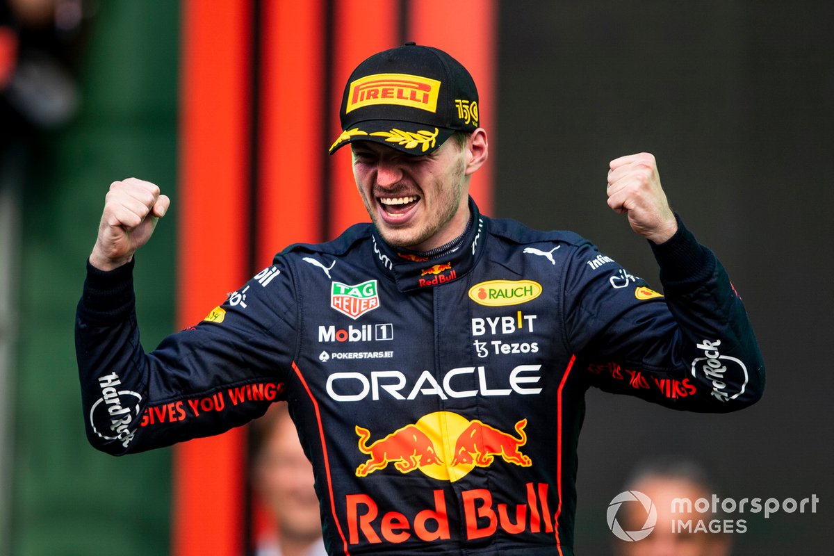 Max Verstappen, Red Bull Racing, 1st position, celebrates on the podium