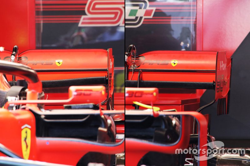 Comparación del alerón trasero de Ferrari - Charles Leclerc (izq.), Sebastian Vettel (der.)