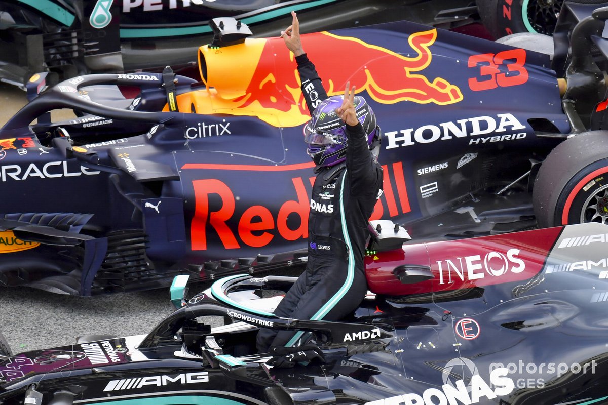 Lewis Hamilton, Mercedes, 1st position, celebrates on arrival in Parc Ferme