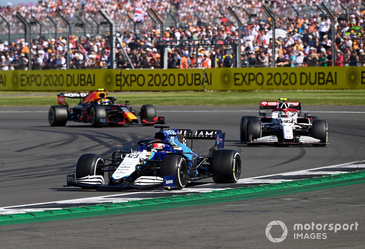 George Russell, Williams FW43B, Antonio Giovinazzi, Alfa Romeo Racing C41, and Sergio Perez, Red Bull Racing RB16B