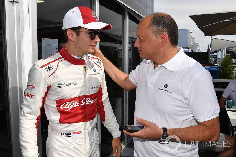 Charles Leclerc, Sauber celebrates with Frederic Vasseur, Sauber, Team Principal