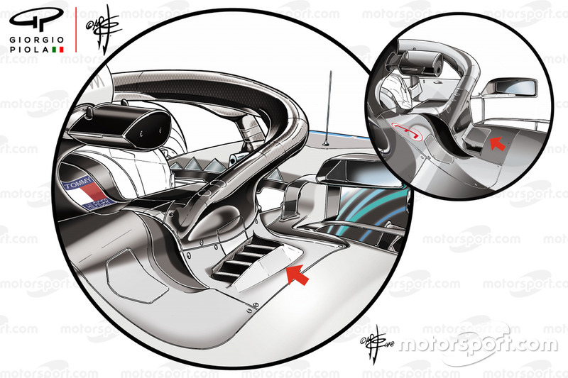 Mercedes W09, sfoghi ai lati dell'abitacolo e dietro all'attacco dell'Halo al telaio