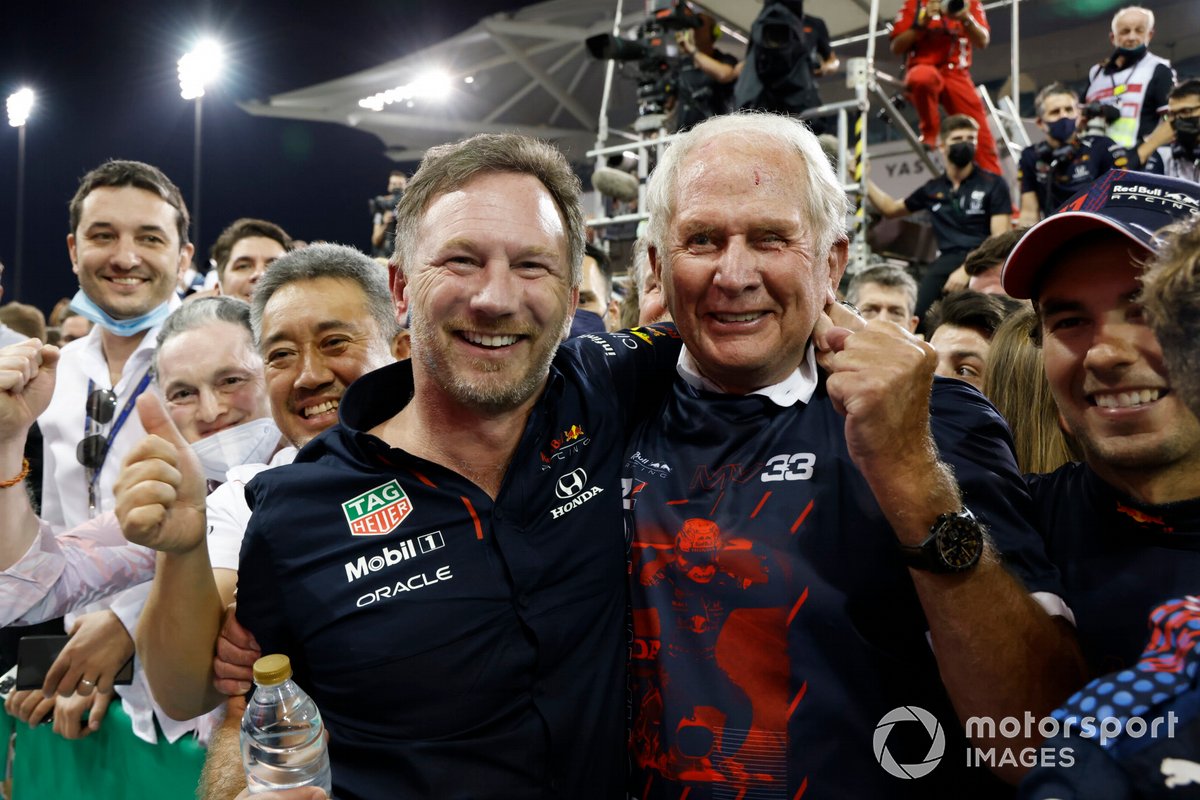 Christian Horner, Team Principal, Red Bull Racing, Helmut Marko, Consultant, Red Bull Racing, celebrate with their team in Parc Ferme