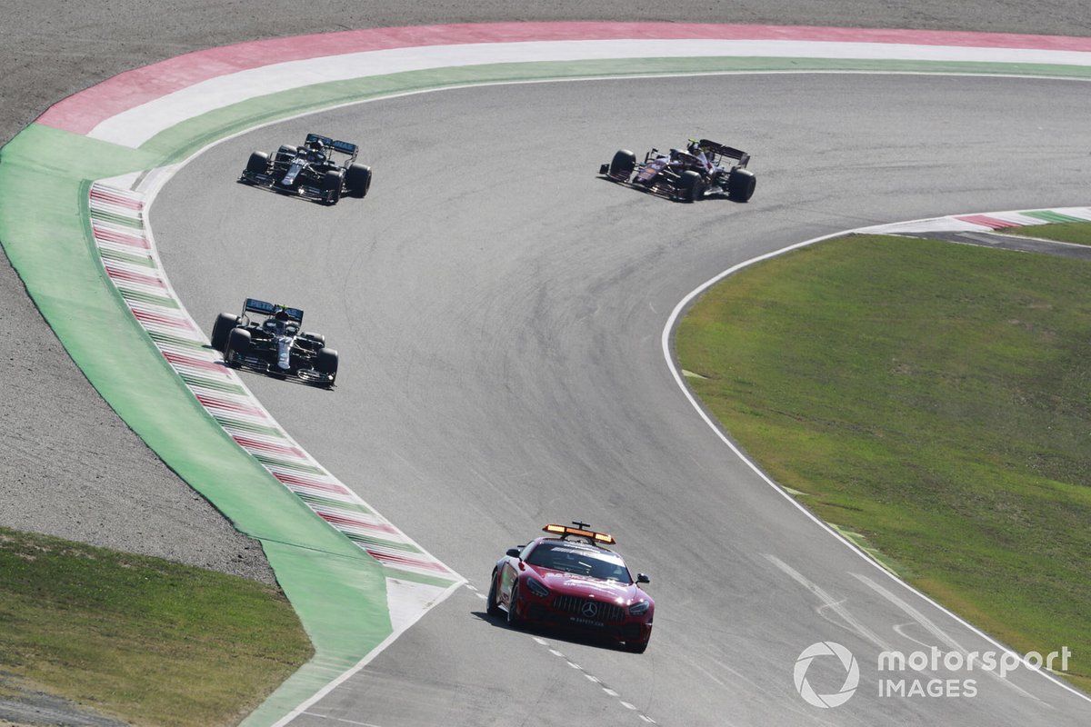 The Safety Car Valtteri Bottas, Mercedes F1 W11, Lewis Hamilton, Mercedes F1 W11, and Charles Leclerc, Ferrari SF1000