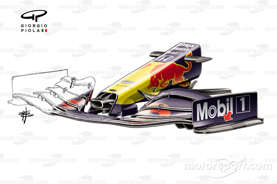 Red Bull Racing RB16, dettaglio della gobba sul marciapiede all'esterno della paratia laterale dell'ala anteriore