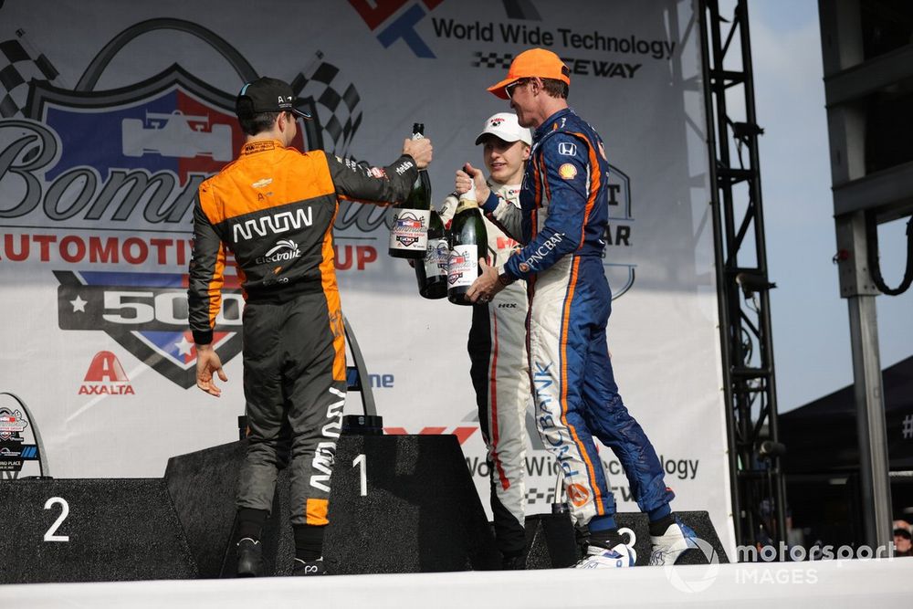 Scott Dixon, Chip Ganassi Racing Honda.,Patricio O'Ward, Arrow McLaren Chevrolet, David Malukas, Dale Coyne Racing with HMD Honda celebrate on the podium with champagne