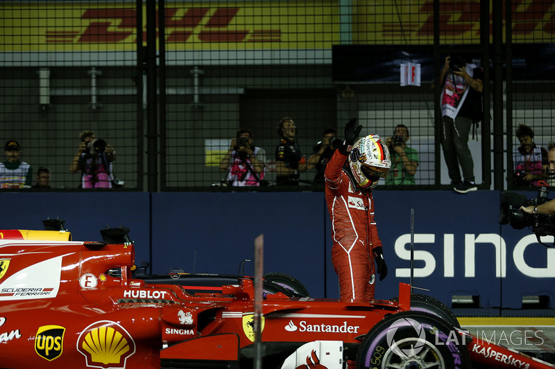Pole sitter Sebastian Vettel, Ferrari celebrates in parc ferme