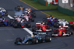 Lewis Hamilton, Mercedes AMG F1 W08, leads Sebastian Vettel, Ferrari SF70H, Valtteri Bottas, Mercede