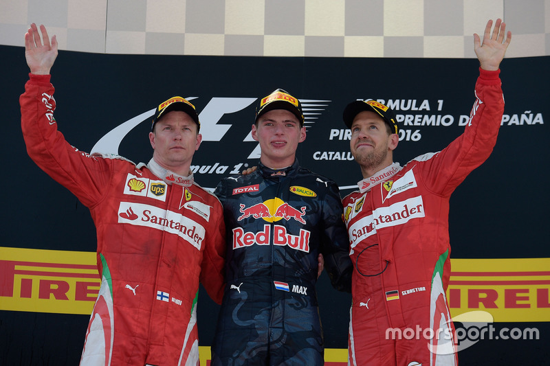 The podium: race winner Max Verstappen, Red Bull Racing, second place Kimi Raikonnen, Scuderia Ferra