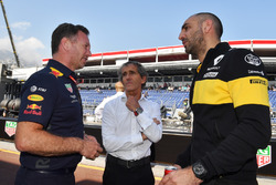 Christian Horner, director del equipo Red Bull Racing, Alain Prost, asesor especial del equipo Renault Sport F1 y Cyril Abiteboul, director general de Renault Sport F1