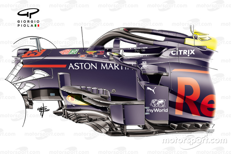 Detalle del bargeboard el RB16 de Red Bull en la primera sesión de tests en Barcelona.