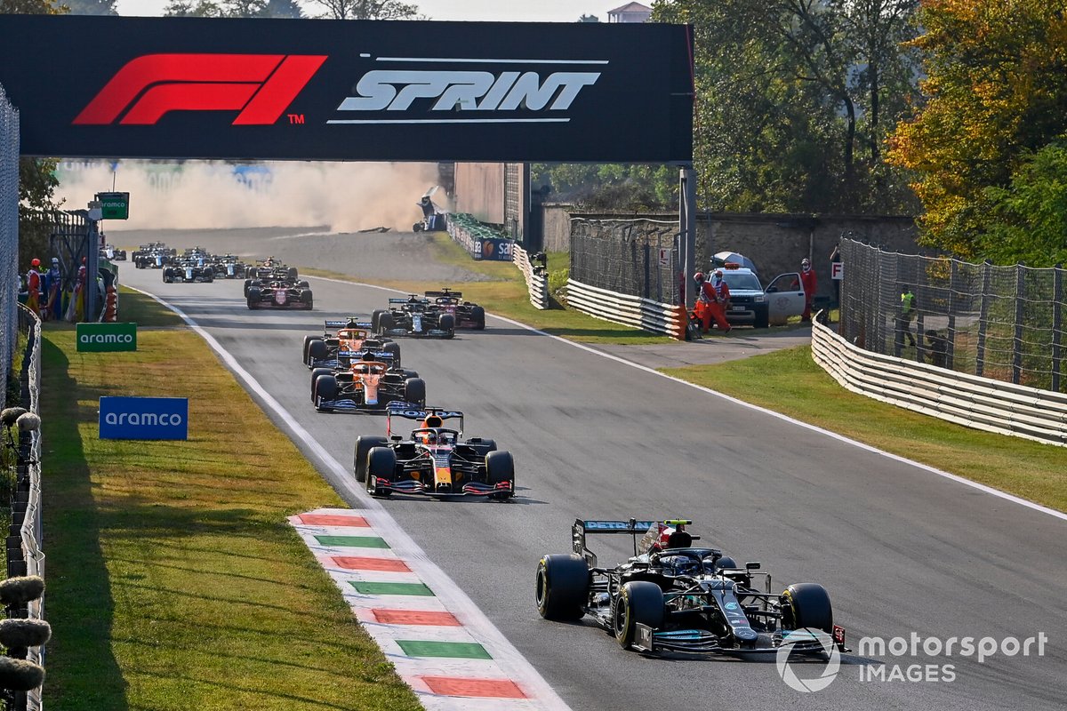Valtteri Bottas, Mercedes W12, Max Verstappen, Red Bull Racing RB16B, and Daniel Ricciardo, McLaren MCL35M