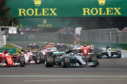 Valtteri Bottas, Mercedes-Benz F1 W08 and Lewis Hamilton, Mercedes-Benz F1 W08 with rear puncture
