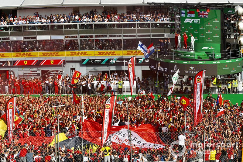 Valtteri Bottas, Mercedes AMG F1, 2nd position, Charles Leclerc, Ferrari, 1st position, and Lewis Hamilton, Mercedes AMG F1, 3rd position, on the podium
