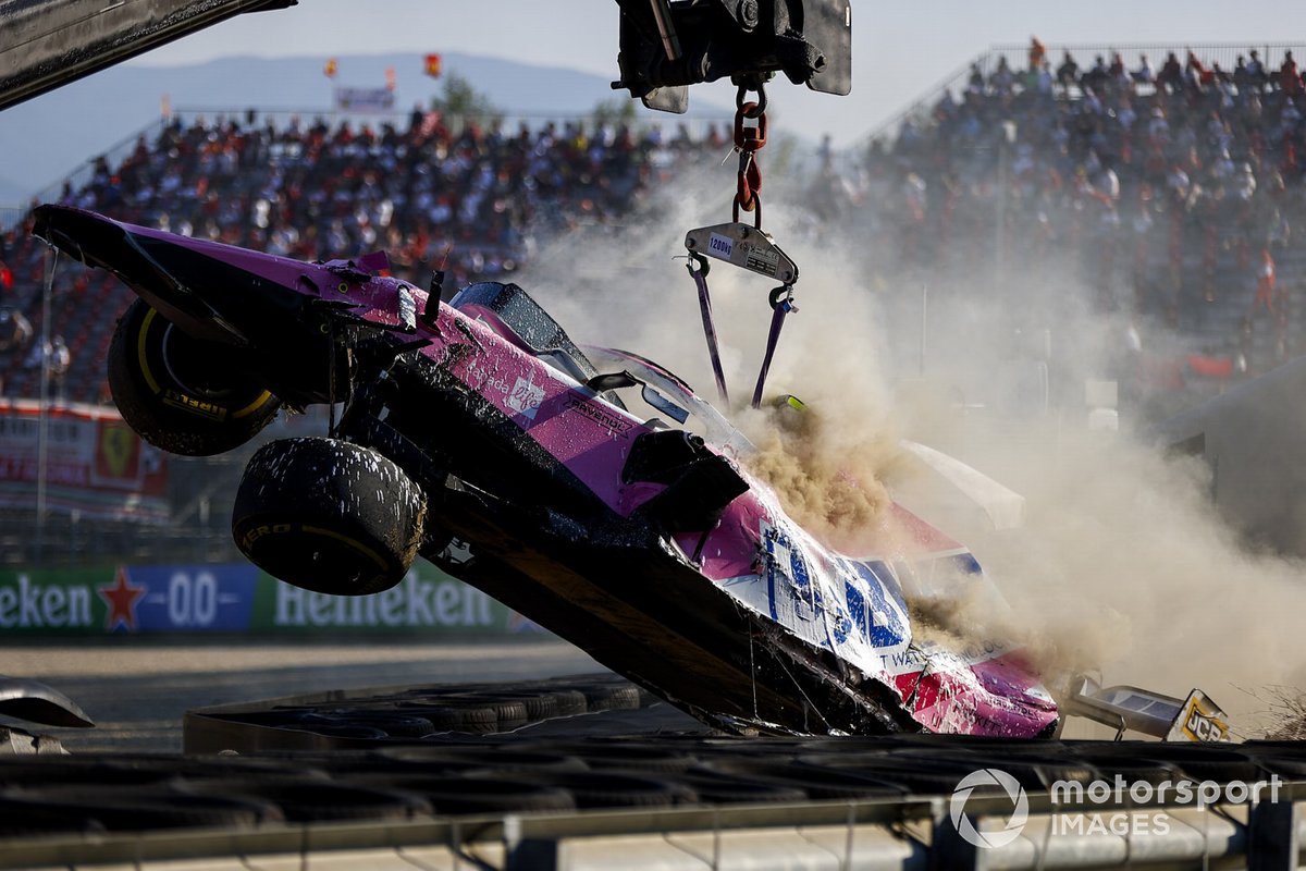 Car of Lance Stroll, Racing Point RP20 being recovered after crashing