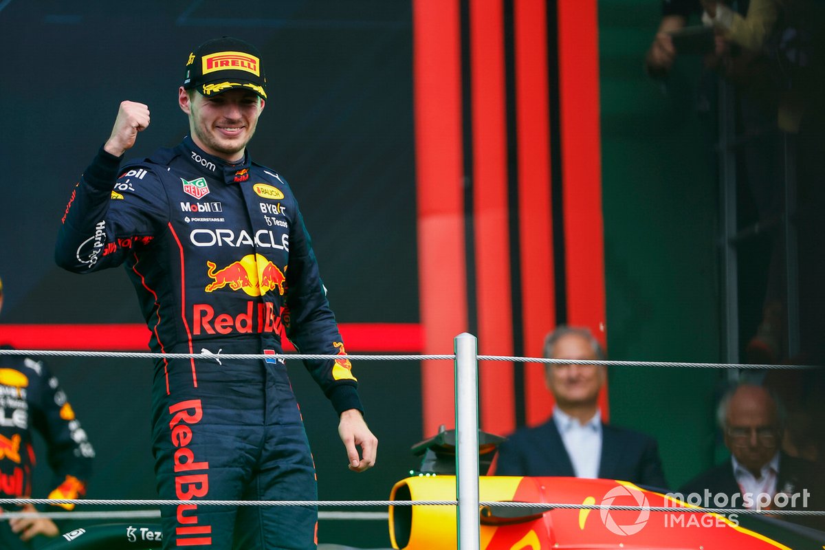 Max Verstappen, Red Bull Racing, 1st position, celebrates on the podium