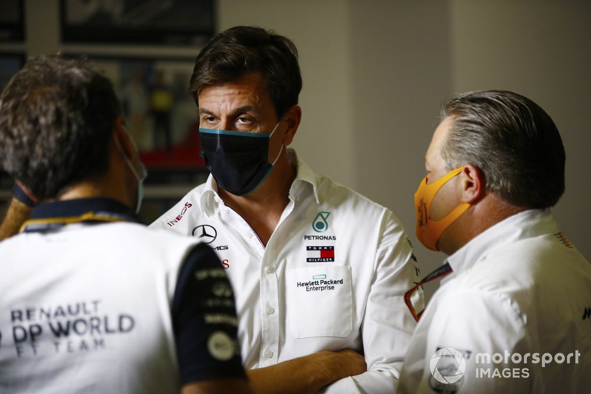 Toto Wolff, Executive Director (Business), Mercedes AMG, Zak Brown, Executive Director, McLaren and Cyril Abiteboul, Managing Director, Renault F1 Team