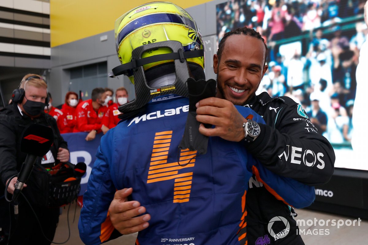 Lando Norris, McLaren, congratulates Lewis Hamilton, Mercedes, 1st position, in Parc Ferme