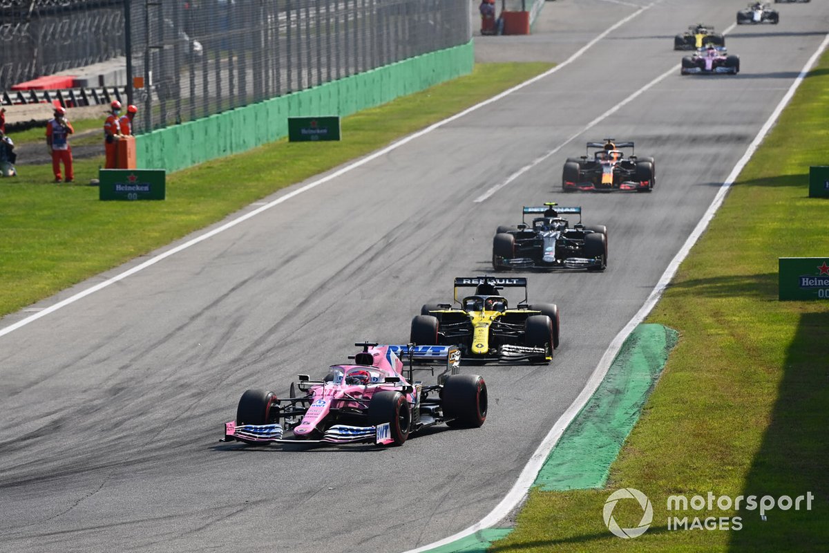 Sergio Perez, Racing Point RP20, Daniel Ricciardo, Renault F1 Team R.S.20, Valtteri Bottas, Mercedes F1 W11, and Max Verstappen, Red Bull Racing RB16