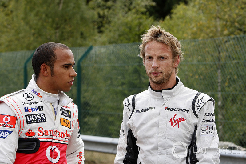 Jenson Button, Brawn GP BGP001 Mercedes, Lewis Hamilton, McLaren MP4-24 Mercedes after their collisi