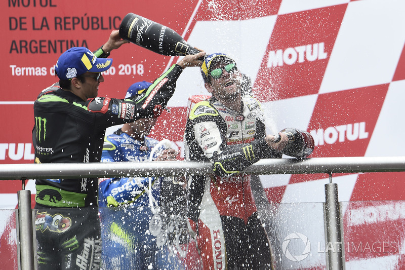 Гран Прі Аргентини, 2018 рік: Друге місце Жоанн Зарко, Monster Yamaha Tech 3, переможець гонки Кел Кратчлоу, Team LCR Honda