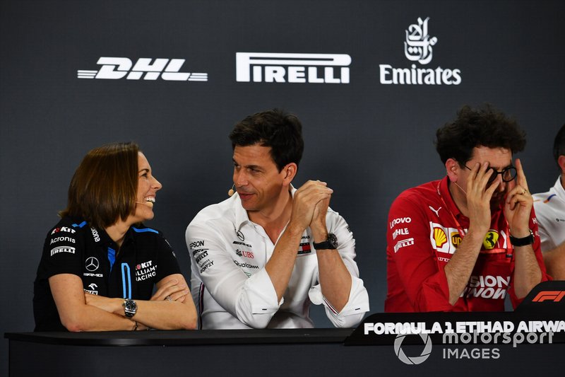 Claire Williams, Deputy Team Principal, Williams Racing, Toto Wolff, Executive Director (Business), Mercedes AMG, and Mattia Binotto, Team Principal Ferrari