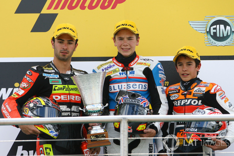 2008 in Donington stand Marc Marquez in seinem sechsten Rennen erstmals auf dem WM-Podium