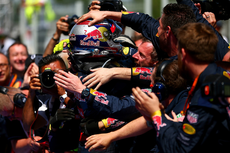 Max Verstappen, Red Bull Racing celebrates in parc ferme with the Red Bull Racing team after his fir