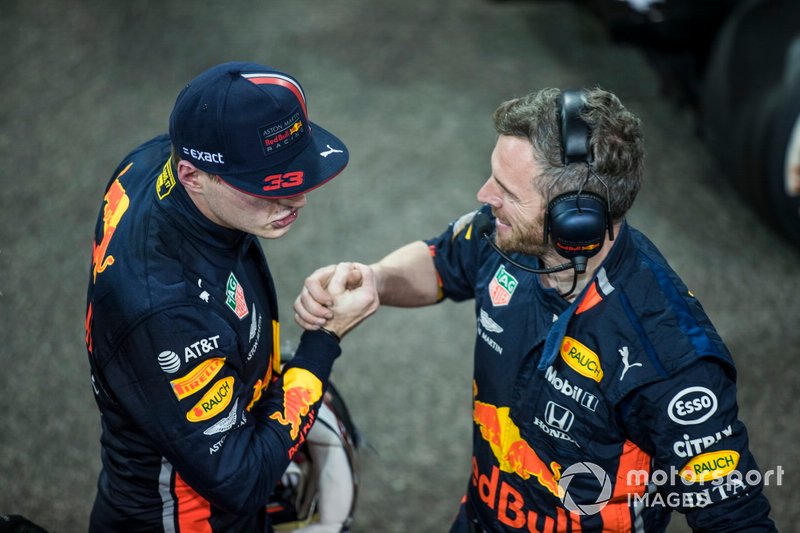 Max Verstappen, Red Bull Racing, 2nd position, celebrates with a team mate