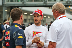 Christian Horner, teambaas Red Bull Racing met Sebastian Vettel, Ferrari en Dr Helmut Marko