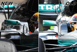Mercedes AMG F1 W08, aletta e supporto specchietto: comparazione tra la vecchia e la soluzione più recente