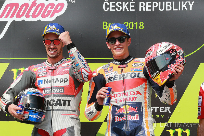 Podium : le vainqueur Andrea Dovizioso, Ducati Team, le troisième, Marc Marquez, Repsol Honda Team