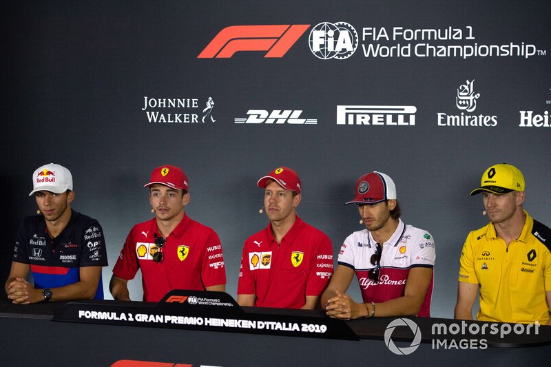 Pierre Gasly, Toro Rosso,Charles Leclerc, Ferrari, Sebastian Vettel, Ferrari, Antonio Giovinazzi, Alfa Romeo Racing and Nico Hulkenberg, Renault F1 Team in the Press Conference