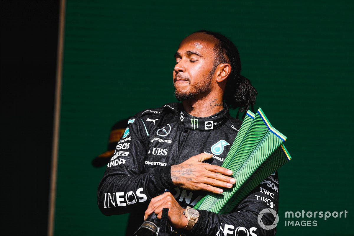 Lewis Hamilton, Mercedes, 1st position, with his trophy