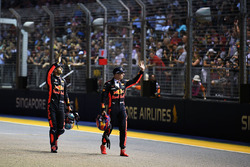 Daniel Ricciardo, Red Bull Racing and Max Verstappen, Red Bull Racing wave to the crowd in parc ferme