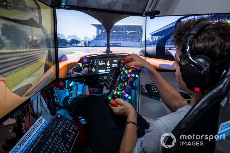 Lando Norris drives a lap of the Interlagos circuit on his home simulator