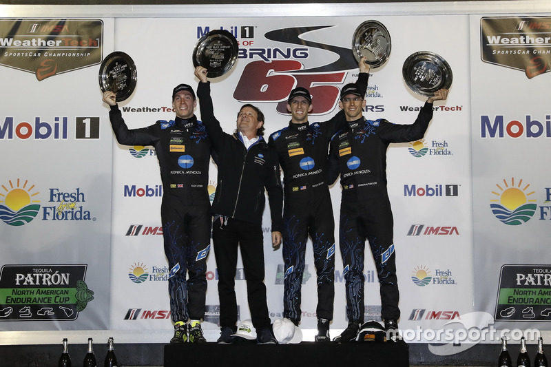 2017 Sebring 12 Hours winners Alex Lynn, with team owner Wayne Taylor and sons Ricky Taylor and Jordan Taylor.
