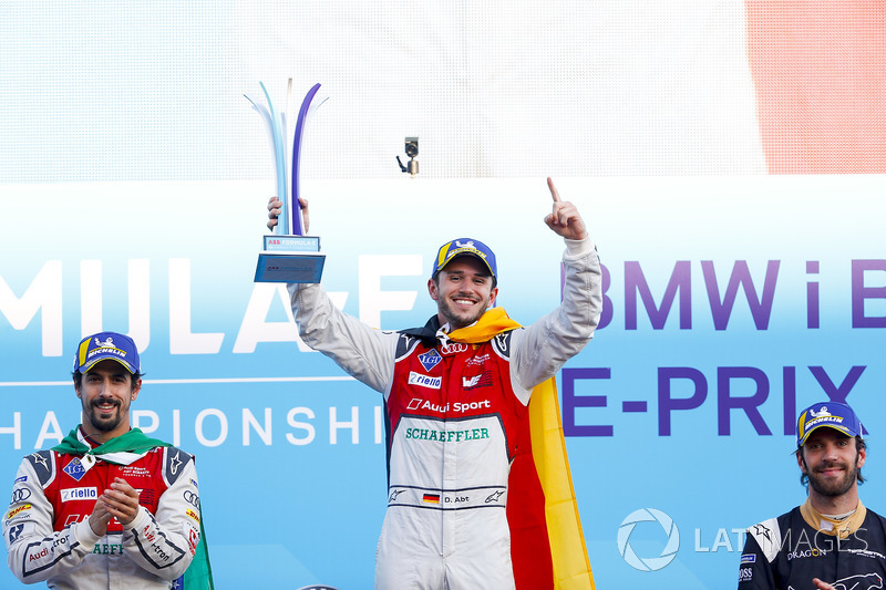 Jean-Eric Vergne, Techeetah, places 3rd, Lucas di Grassi, Audi Sport ABT Schaeffler, places 2nd, Daniel Abt, Audi Sport ABT Schaeffler, wins the Berlin ePrix